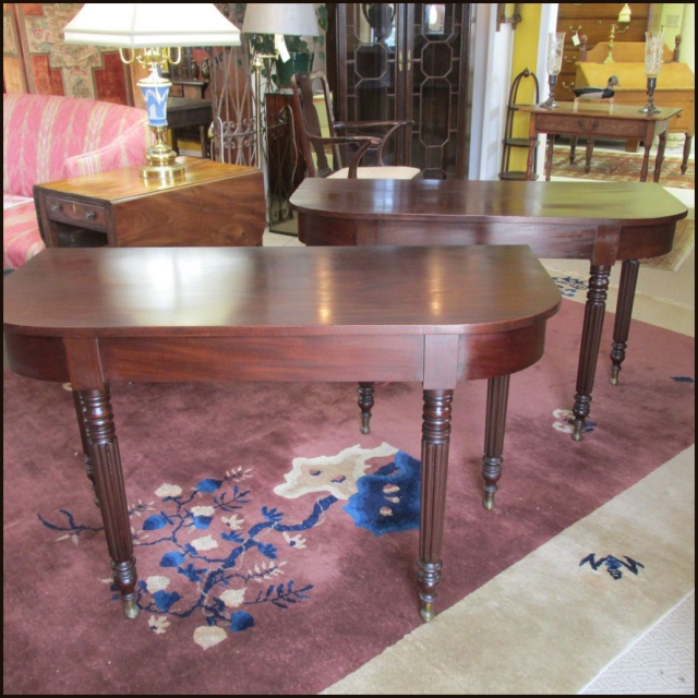 Pair of 19th c Mahogany Demi Lune Tables   SOLD